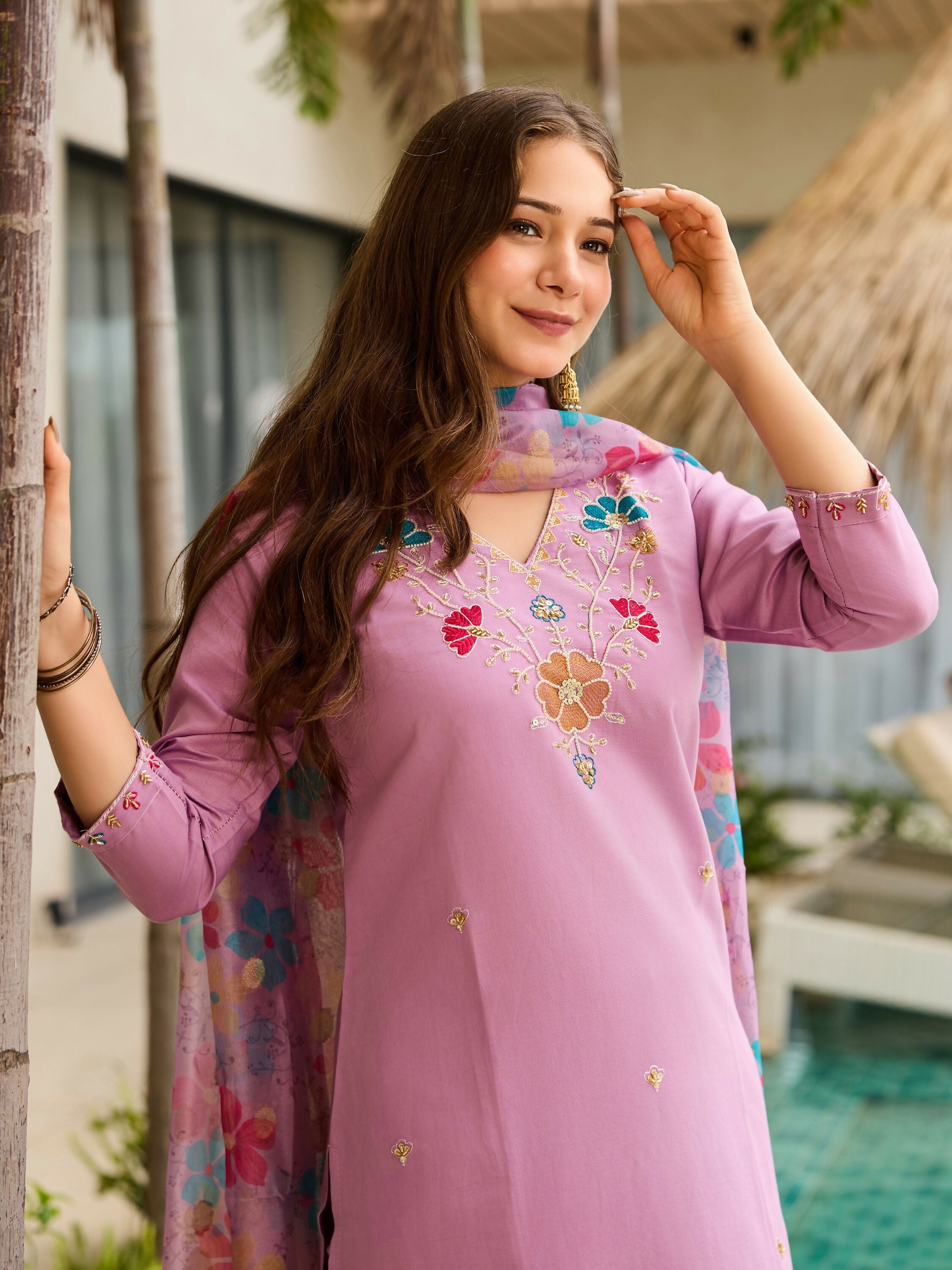 The52 Lavender Women's Gorgeous Embroidered work Viscose Gadhwal Fabric Straight Kurta, Pant and Dupatta Set - Distacart