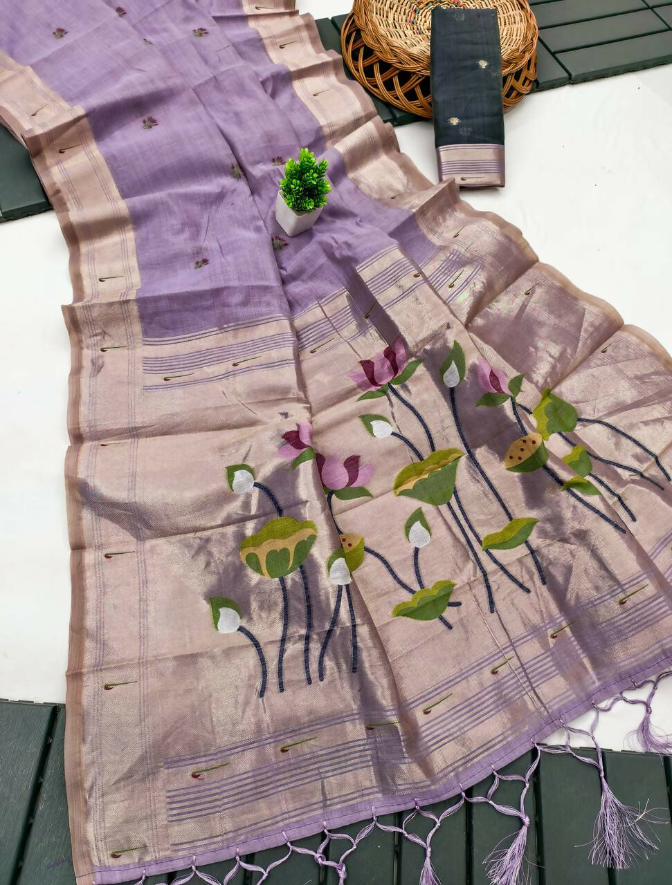 Vastranavya Lavender Muga Cotton Meenakari & Munia Weaving Pallu Saree with Contrast Blouse - Distacart