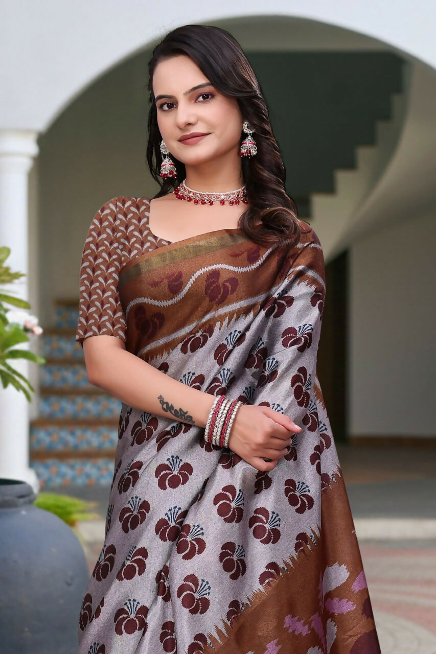 Prime Volt Women's Brown Printed Mal Cotton Saree with Designer Blouse Piece - Distacart