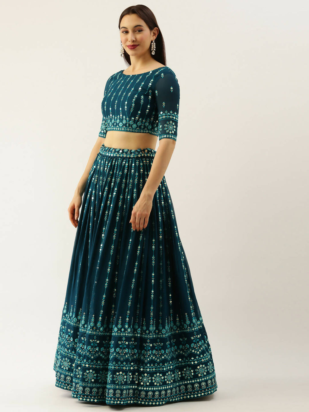 House of Panchhi Women Teal Georgette Sequins Work Lehenga & Blouse with Dupatta
