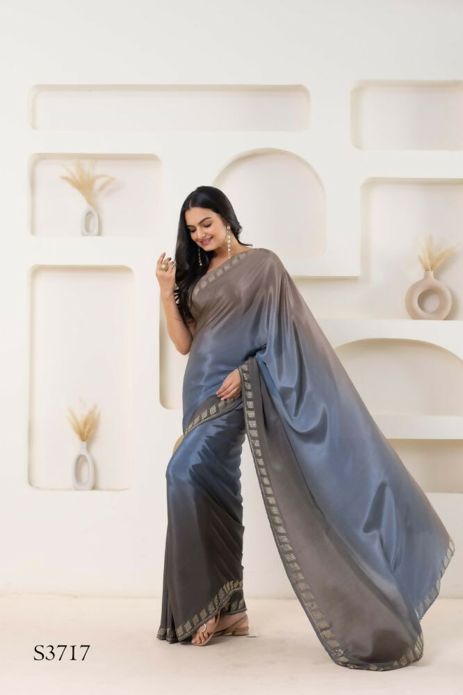 Grey Satin Pedding Designer, Printed Party Wear Ready To Wear Saree - Femina