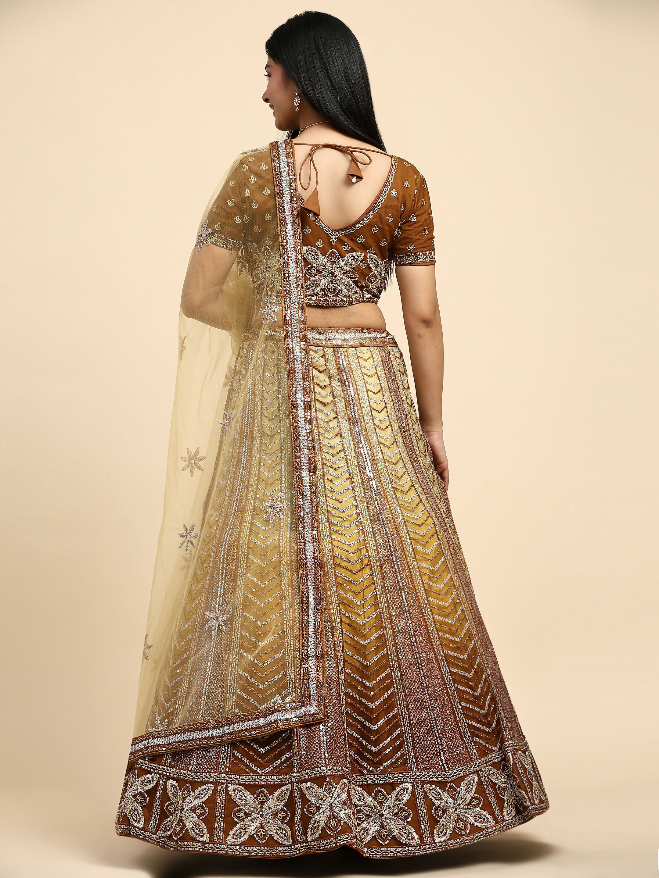Brown Fancy Net Sequence Embroidered Lehenga Choli with Dupatta - Dhara