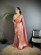Joban Fashion Rose Gold Paisley & Floral Soft Satin Silk Banarasi Silk Saree - Distacart