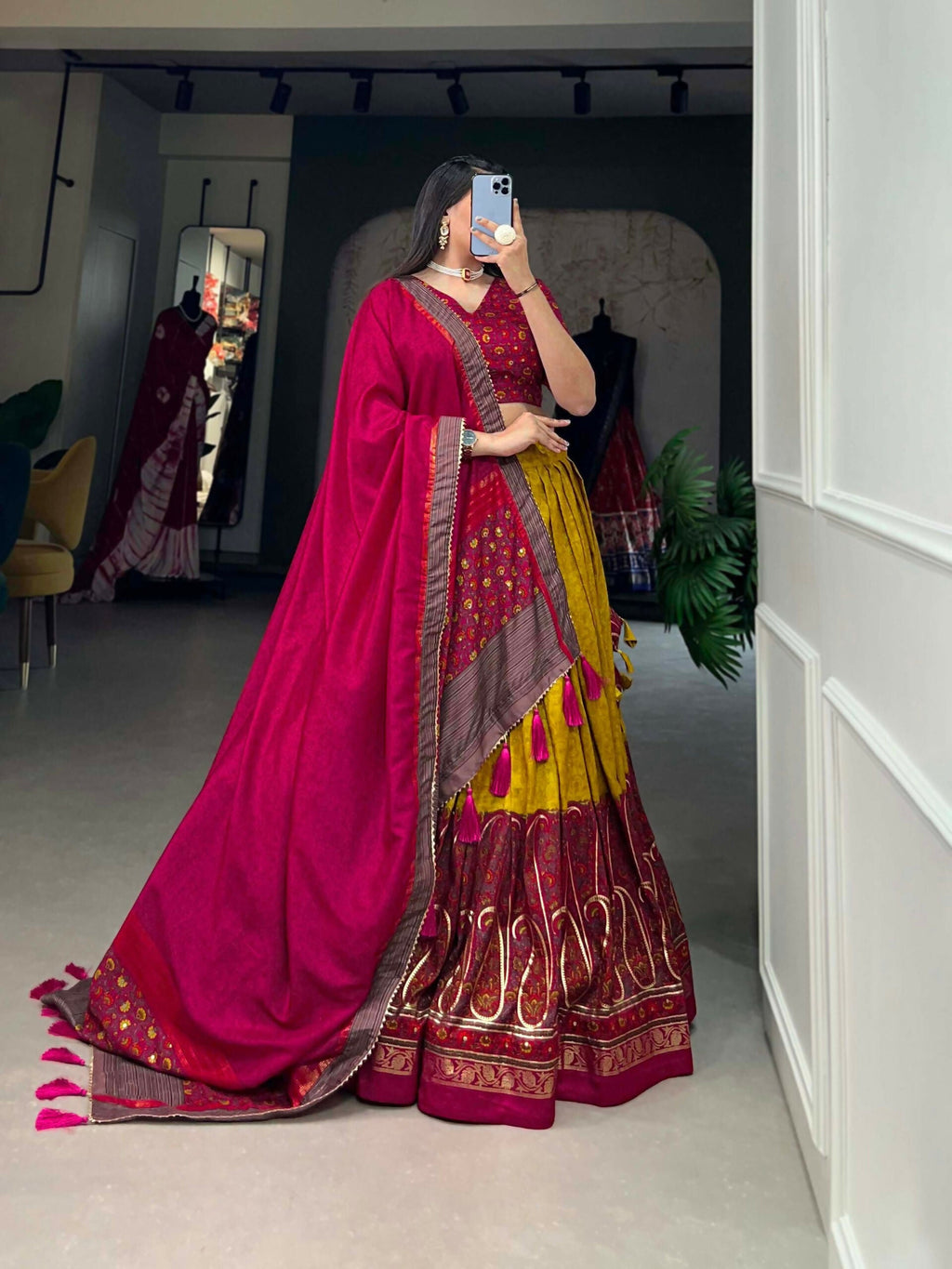 Vastranavya Kashmiri Print With Foil Print Lehenga with Unstitched Printed Blouse - Mustard