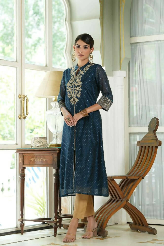 Juniper Blue Chanderi Festive Embroidered Polka Dot Printed A-Line Kurta For Women - Distacart