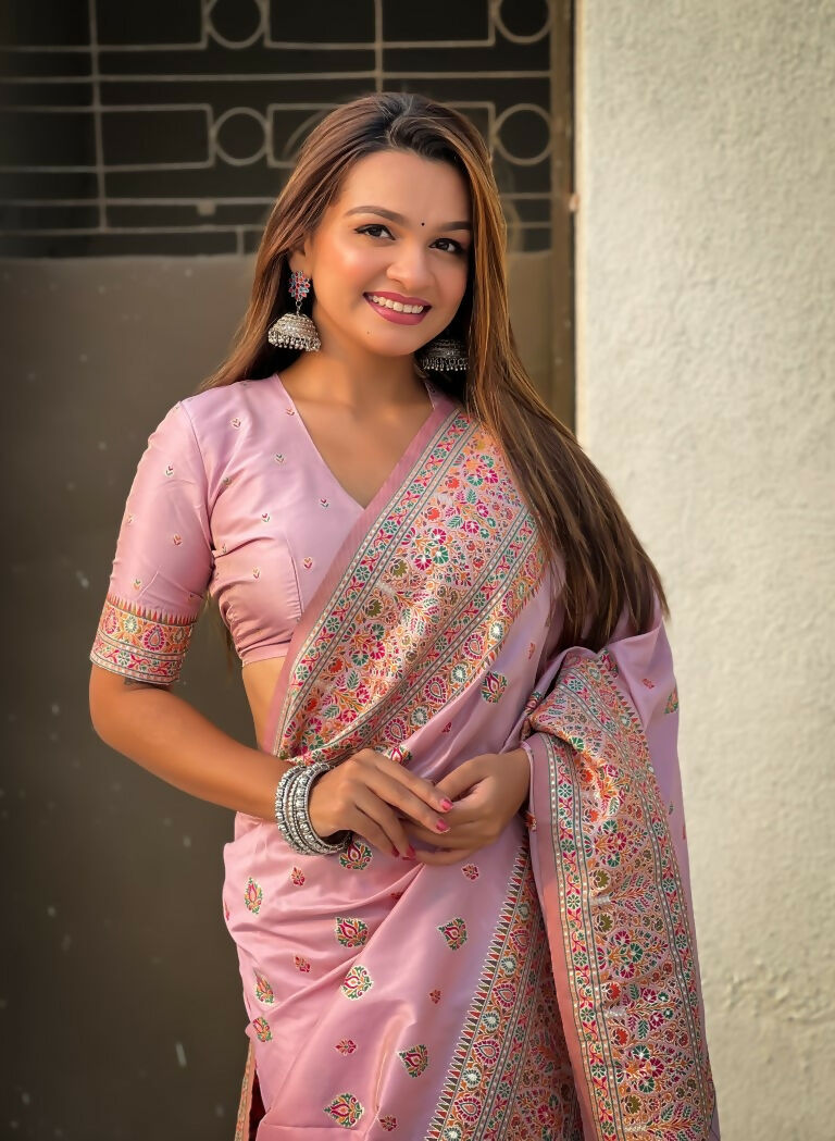 Pink Pashmina Silk Wevon Kashmiri Meenakari Designer Saree with Unstitched Blouse - Vandini