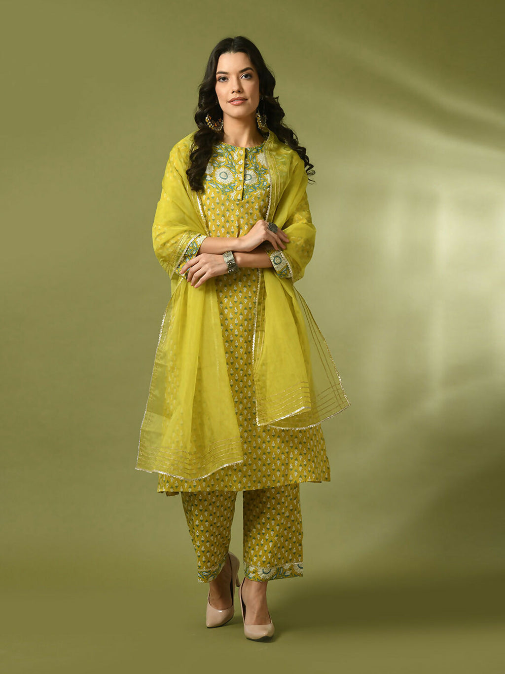 Myshka Women's Yellow Printed Cotton Straight Party Kurta Set With Dupatta