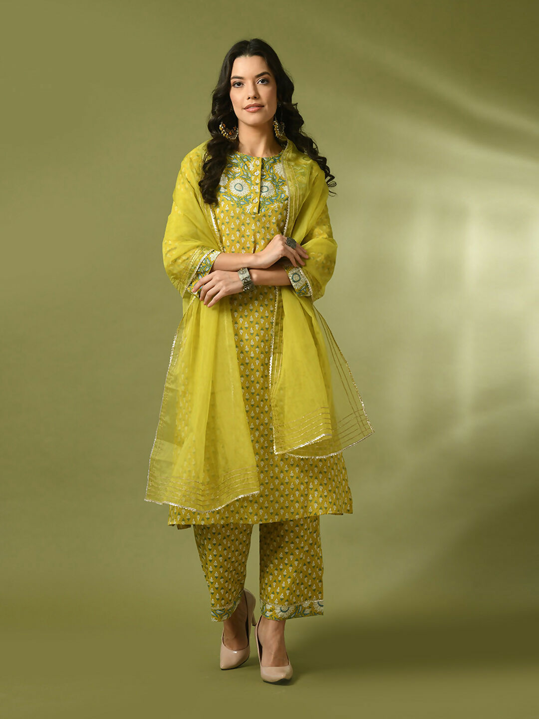 Myshka Women's Yellow Printed Cotton Straight Party Kurta Set With Dupatta