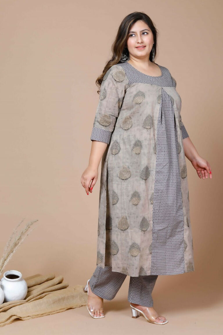 Miravan Women's Plus Size Beige Floral Printed Pure Cotton A-Line Kurta With Palazzo