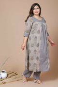 Miravan Women's Plus Size Beige Floral Printed Pure Cotton A-Line Kurta With Palazzo