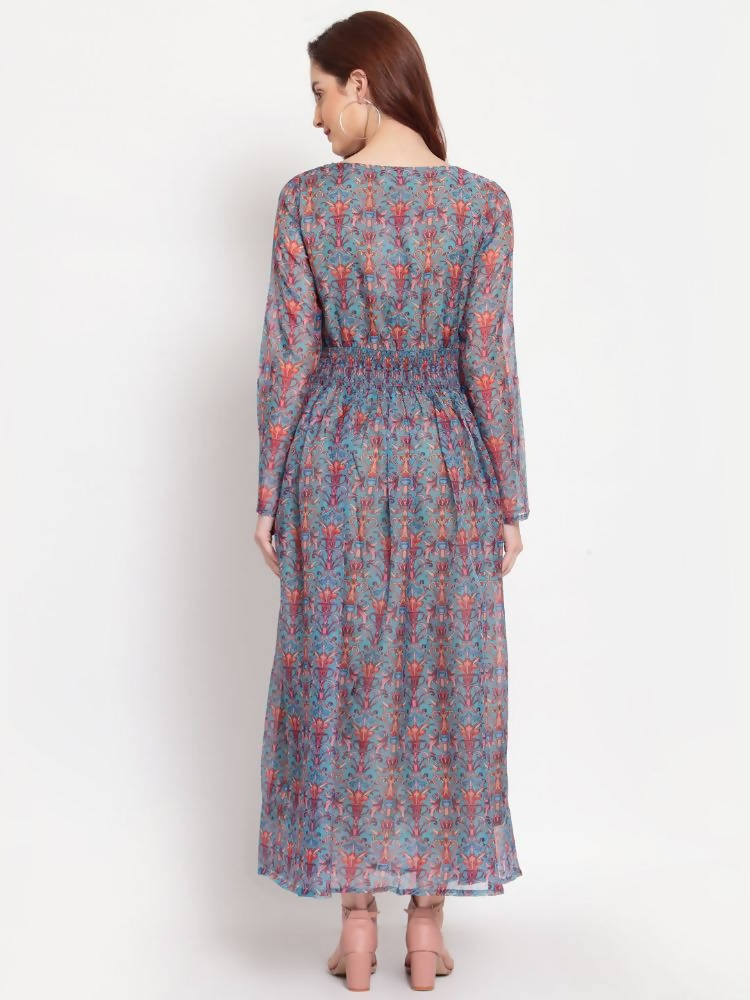 Myshka Women's Multi Printed Organza Full Sleeve Round Neck Casual Maxi Dress