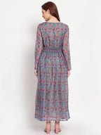Myshka Women's Multi Printed Organza Full Sleeve Round Neck Casual Maxi Dress