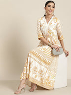 Juniper Mustard Printed Rayon Lacy Maxi Dress With Mirror Embroidered Neckline & Tassels At Waist - Distacart