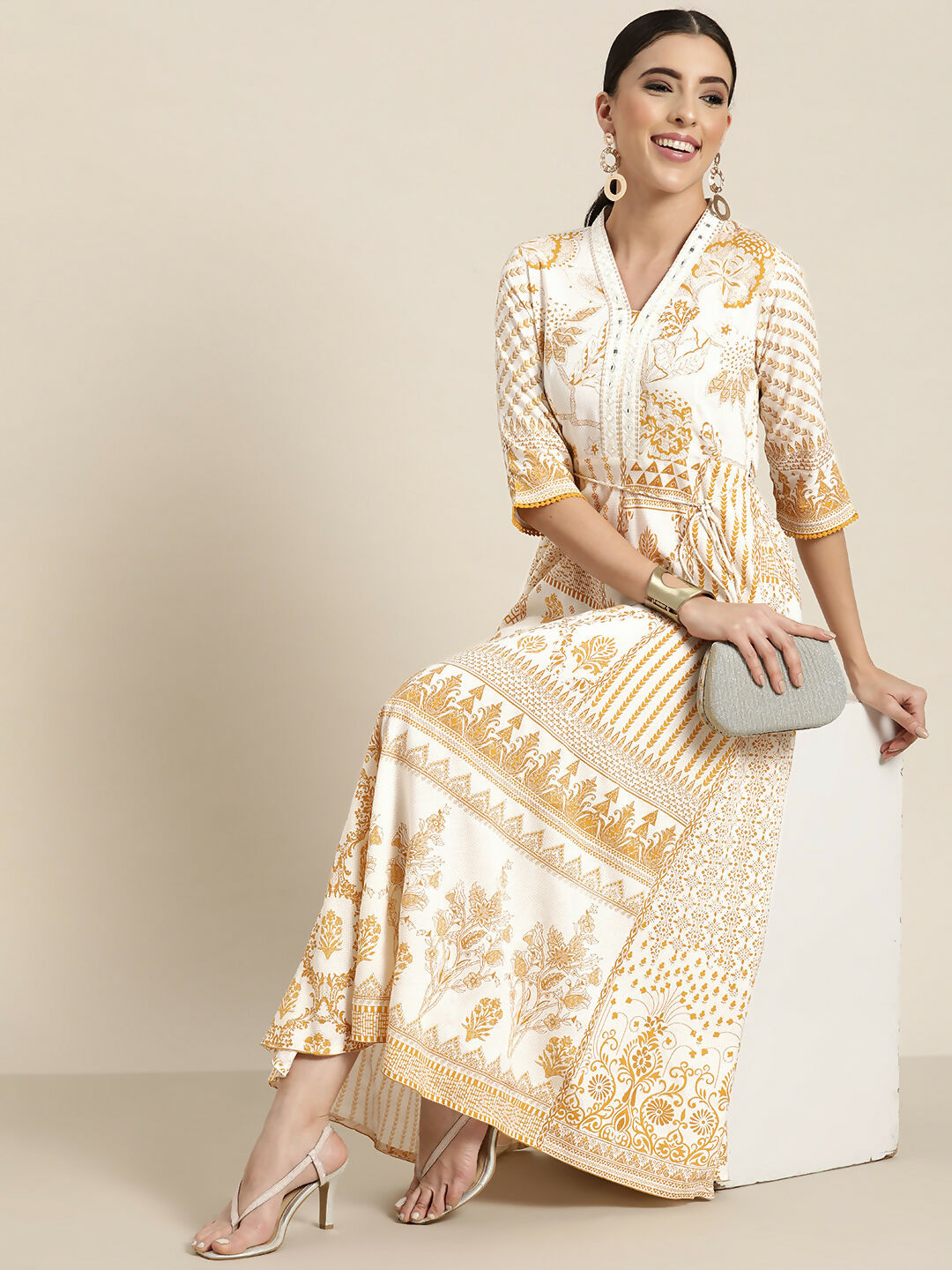 Juniper Mustard Printed Rayon Lacy Maxi Dress With Mirror Embroidered Neckline & Tassels At Waist - Distacart
