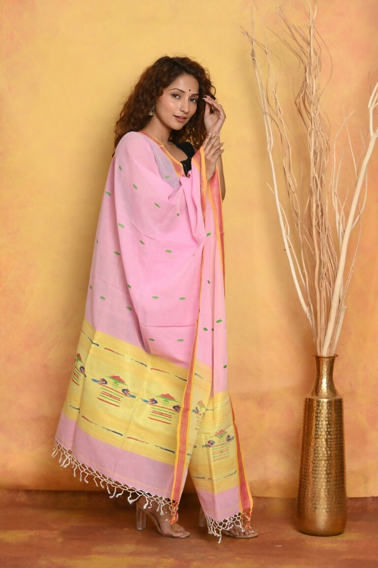 Very Much Indian Handloom Pure Cotton Paithani Dupatta Pink