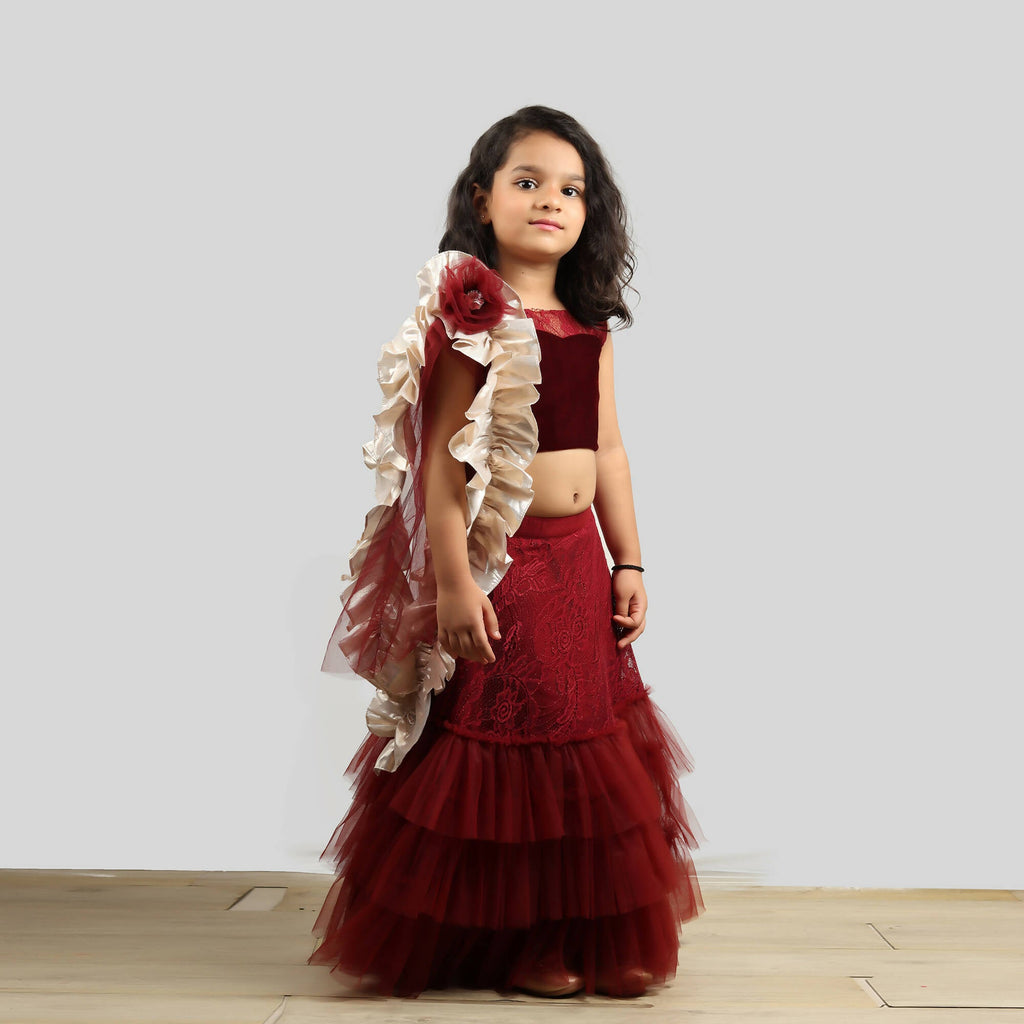 Pink Cow Fashions Velvet Choli With Net Ghagra & Frill Dupatta