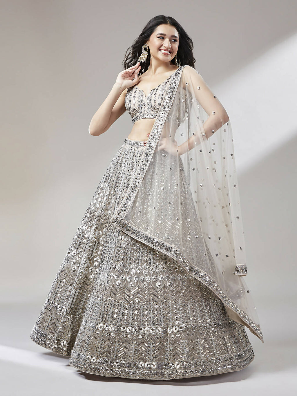 House of Panchhi Beige - Net Mirror & Sequins Embroiderey Lehenga choli