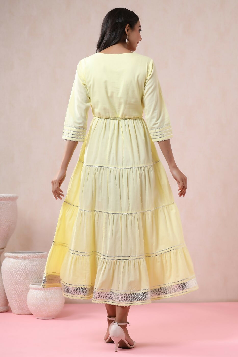 Juniper Yellow Solid Pure Cotton Solid Tiered Maxi Dress With Gota Work Dori Tie-Up & Cushioned Tassels At Waist - Distacart