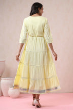 Juniper Yellow Solid Pure Cotton Solid Tiered Maxi Dress With Gota Work Dori Tie-Up & Cushioned Tassels At Waist - Distacart