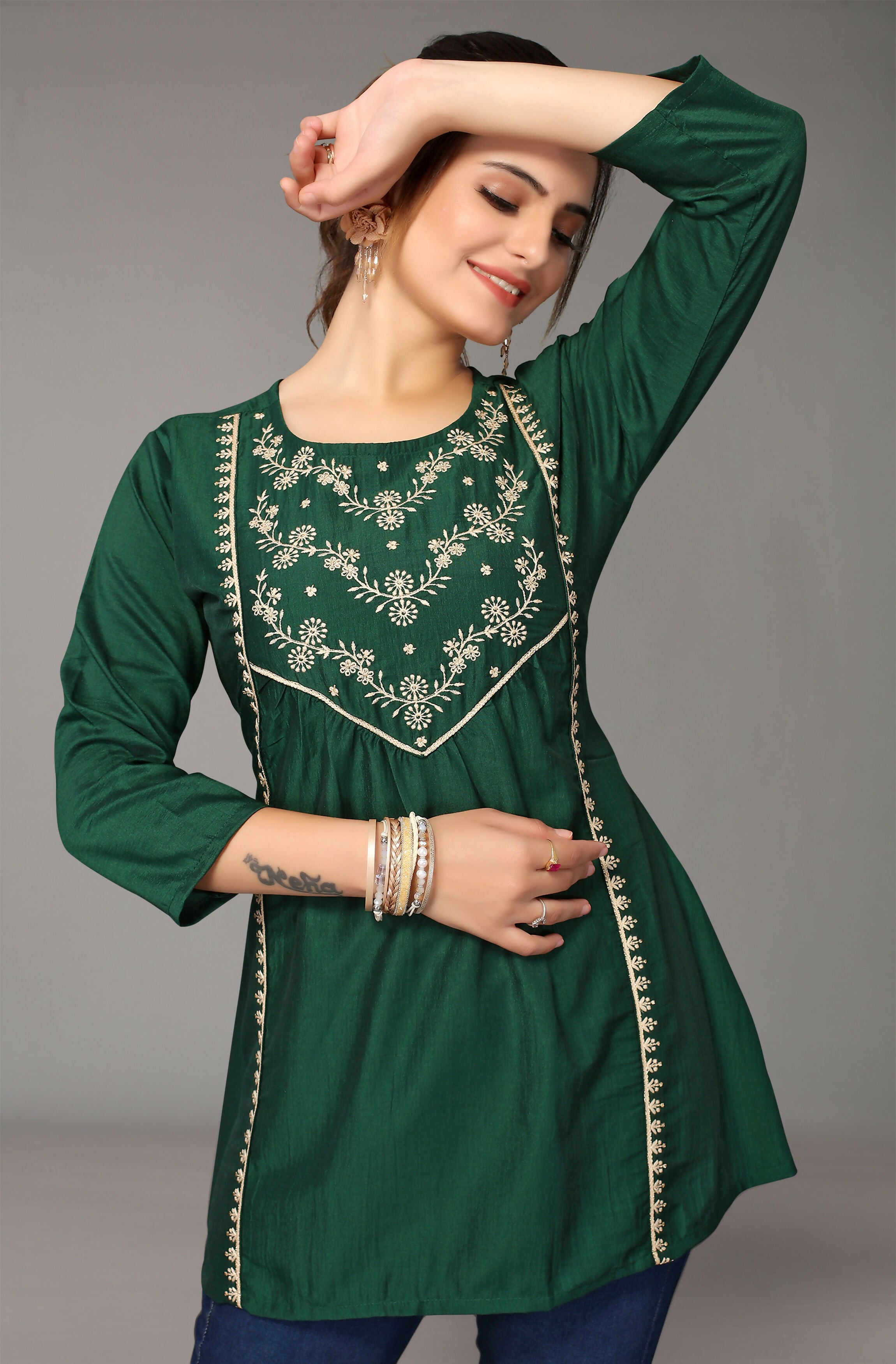 Women's Dark Green Viscose blend Embroidered Short Top - Marina
