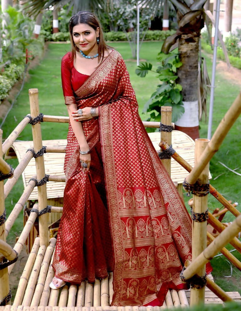 Partywear Designer Red Banarasi Silk Fancy Saree - Starwalk