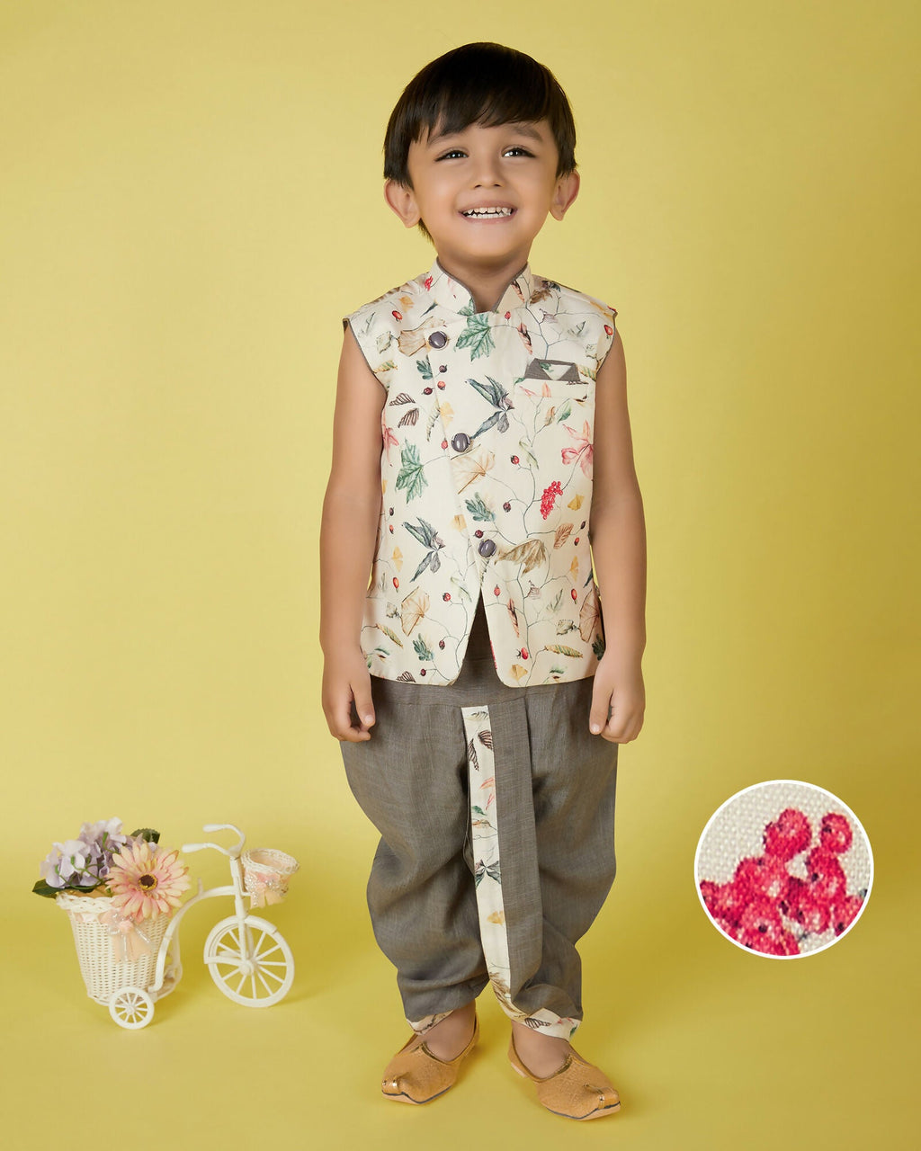 Joban Fashion Kids Island Cotton Sleeveless printed Kurta and Solid Dhoti - Cream - Distacart