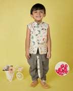 Joban Fashion Kids Island Cotton Sleeveless printed Kurta and Solid Dhoti - Cream - Distacart