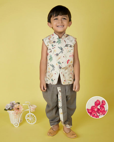 Joban Fashion Kids Island Cotton Sleeveless printed Kurta and Solid Dhoti - Cream