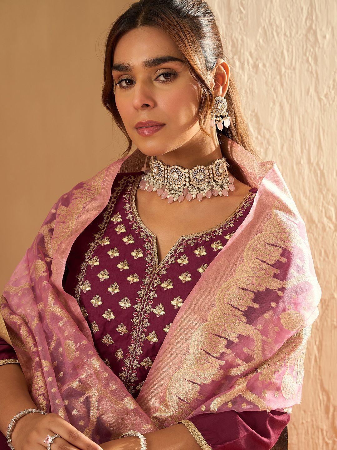 Indo Era Ethnic Motifs Yoke Design Straight Gotta Patti Liva Kurta with Trousers & Dupatta - Distacart