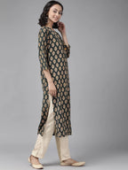 Yufta Women Teal Green & Mustard Yellow Ethnic Printed Pure Cotton Kurta with Palazzo