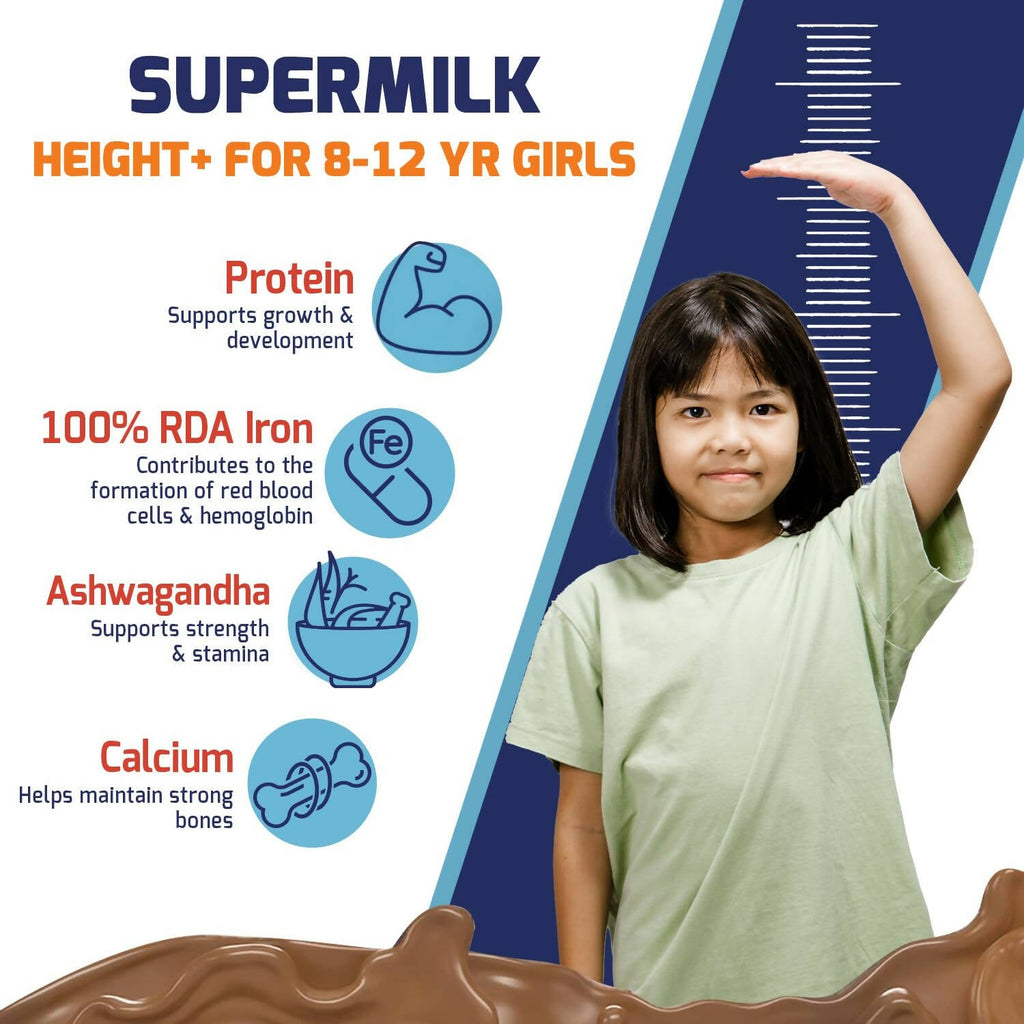 Gritzo SuperMilk Height+ Health Drink for 8-12y Girls - Double Chocolate Flavor - Distacart