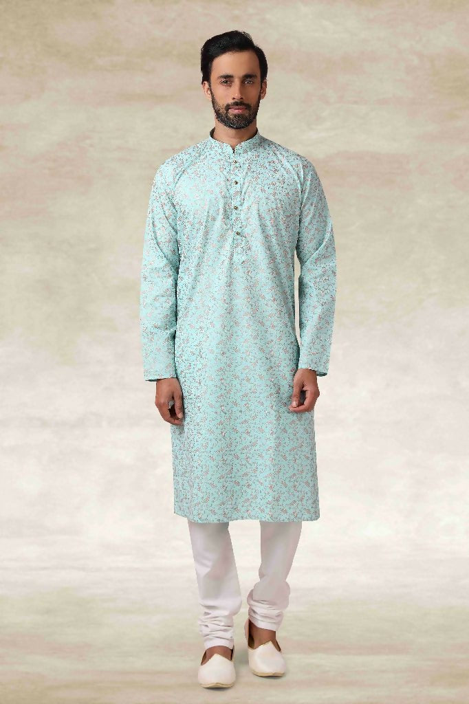 Raivat Ethnic Cotton Printed Work Kurta Pajama In Sea Green Colour