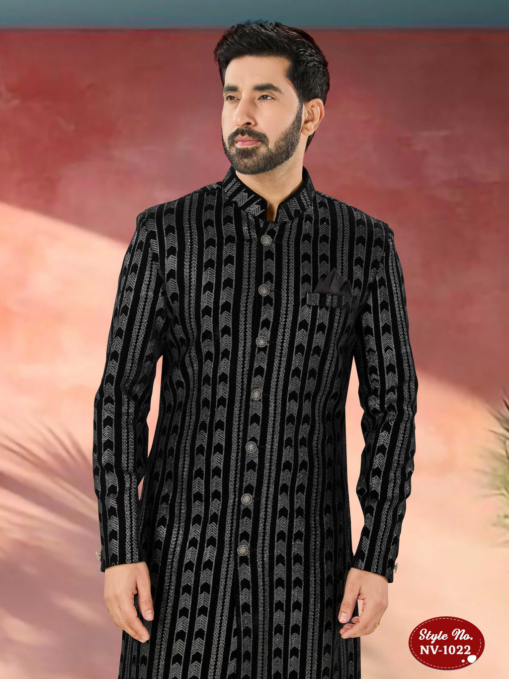 Joban Fashion Men's Black Base Straight Velvet Thread And Sequence Embroidary All Over Indo-Western Kurta Set