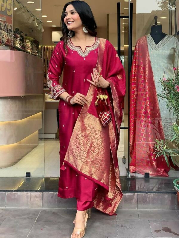 The52 Maroon Beautiful Embroidered Viscose Chanderi Fabric Straight Kurta Pant with Dupatta Set - Distacart