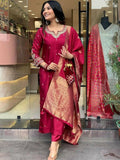 The52 Maroon Beautiful Embroidered Viscose Chanderi Fabric Straight Kurta Pant with Dupatta Set - Distacart