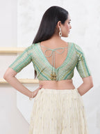 Joban Fashion Pista-Green Jacquard Elbow Sleeveless Back Open Blouse
