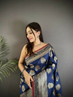 Joban Fashion Navy Blue Ethnic Floral Motifs Soft Lichi Silk Banarasi Saree - Distacart