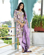 Vaasva Women's Purple Tissue Gota Embroidered Suit Set With Solid Pant And Embroidered Dupatta