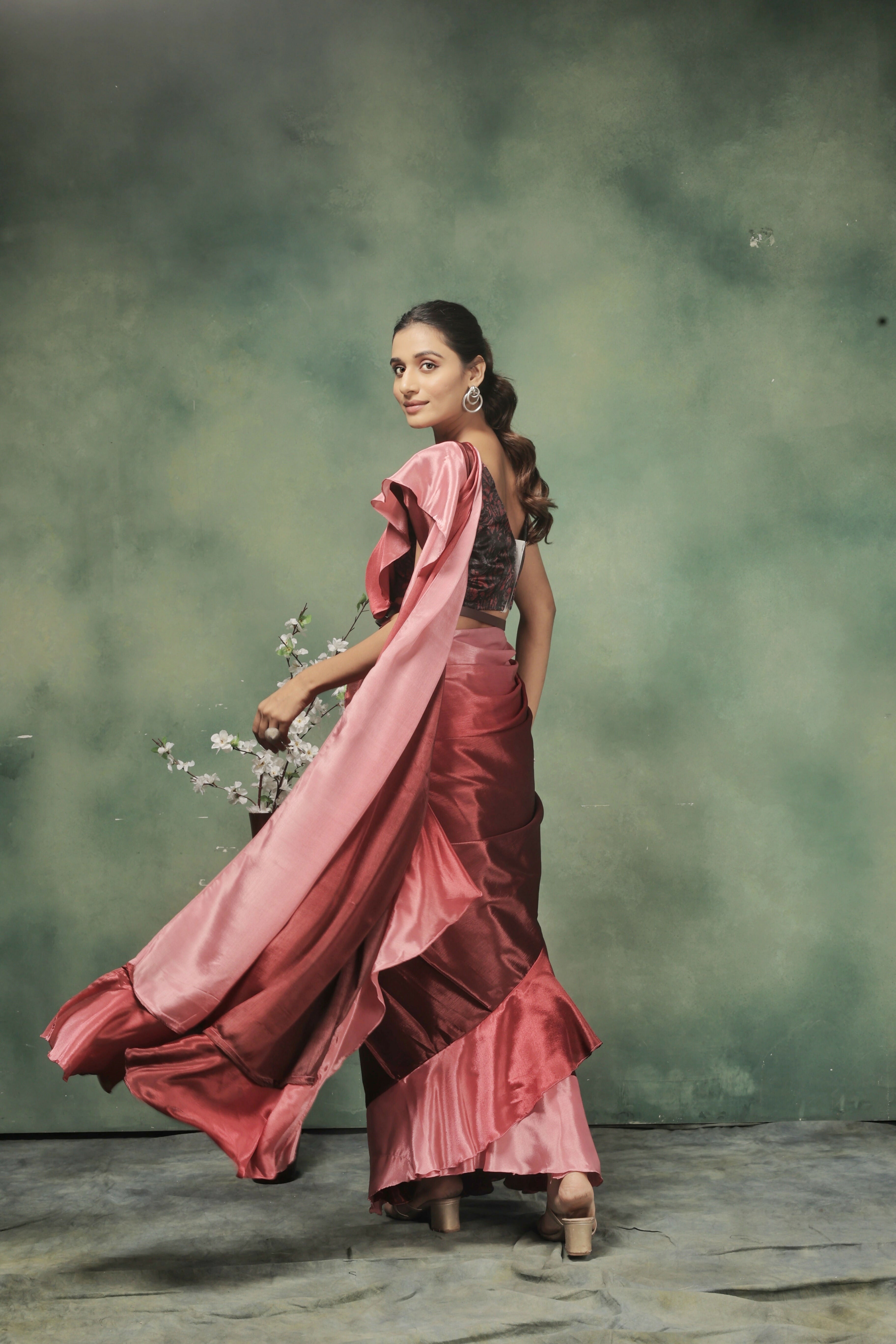 Pink Satin Solid Designer, Printed Party Wear Ready To Wear Saree - Nasreen