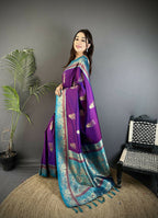 Joban Fashion Purple Banarasi Soft Silk Peacock Butta Work Saree - Distacart