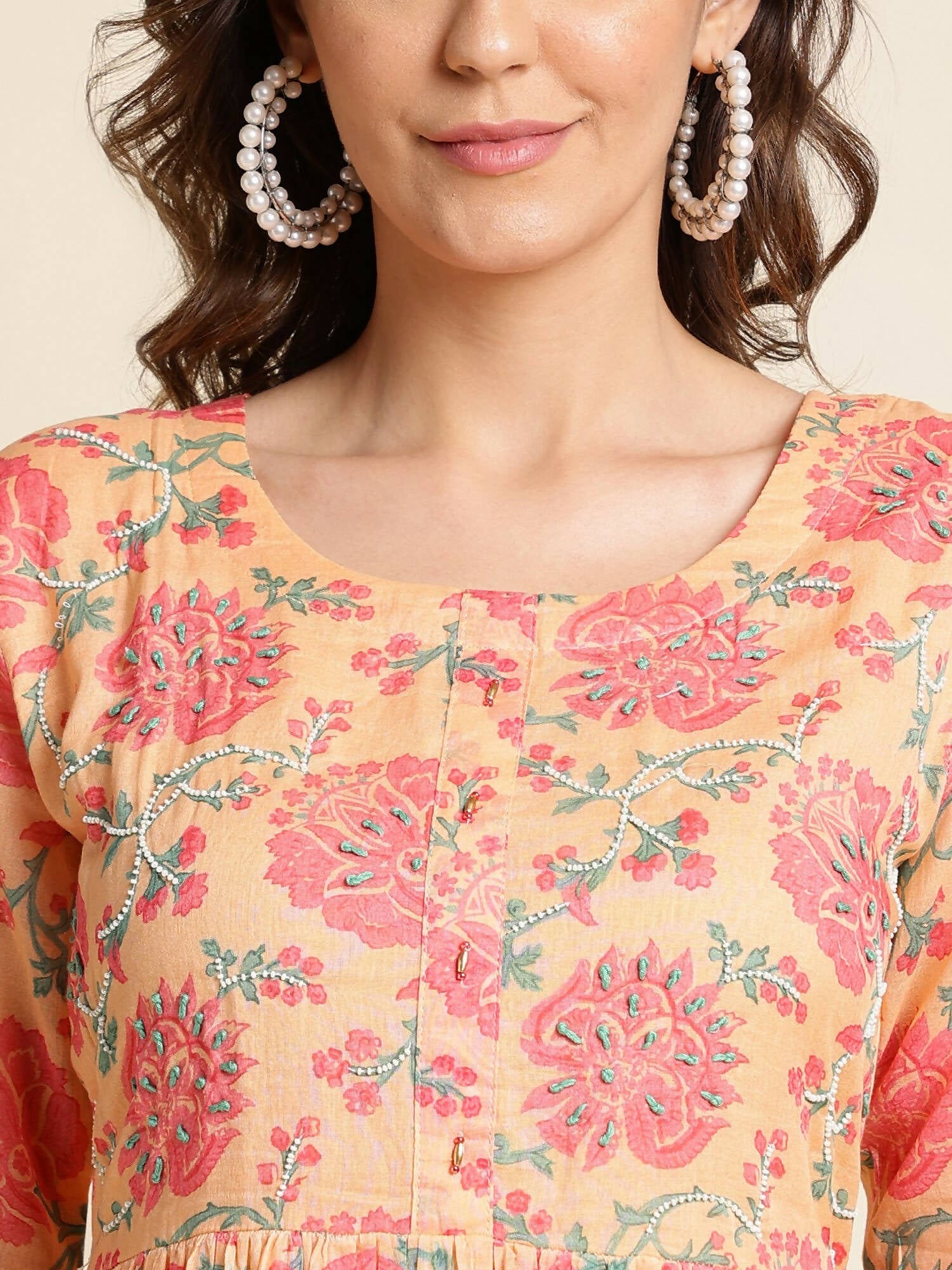 Peach Cotton Floral Printed Fit & Flare Dress - Yukti - Distacart