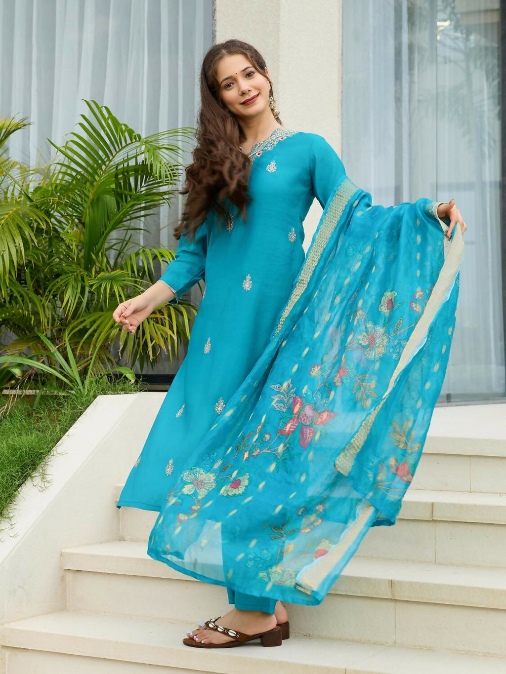 The52 Blue Women's Gorgeous Viscose Fabric Embroidered Work Straight Kurta, Pant and Dupatta Set - Distacart