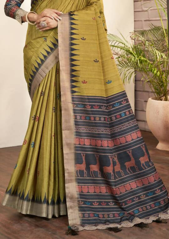 Olive Green Bhagalpuri Silk Paisley Print with Hand Mirror work Border Saree - Norita Nirvi