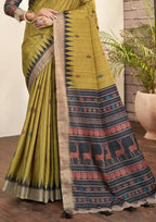 Olive Green Bhagalpuri Silk Paisley Print with Hand Mirror work Border Saree - Norita Nirvi
