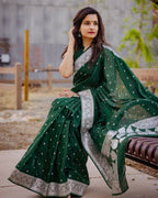 DEIANA'S Beautiful Designer Golden zari Soft Lichi Silk Saree - Green
