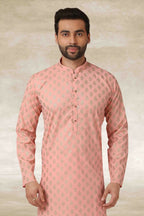 Raivat Ethnic Cotton Printed Work Kurta Pajama In Peach Colour