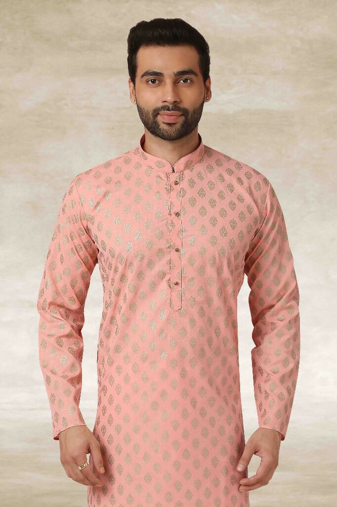 Raivat Ethnic Cotton Printed Work Kurta Pajama In Peach Colour