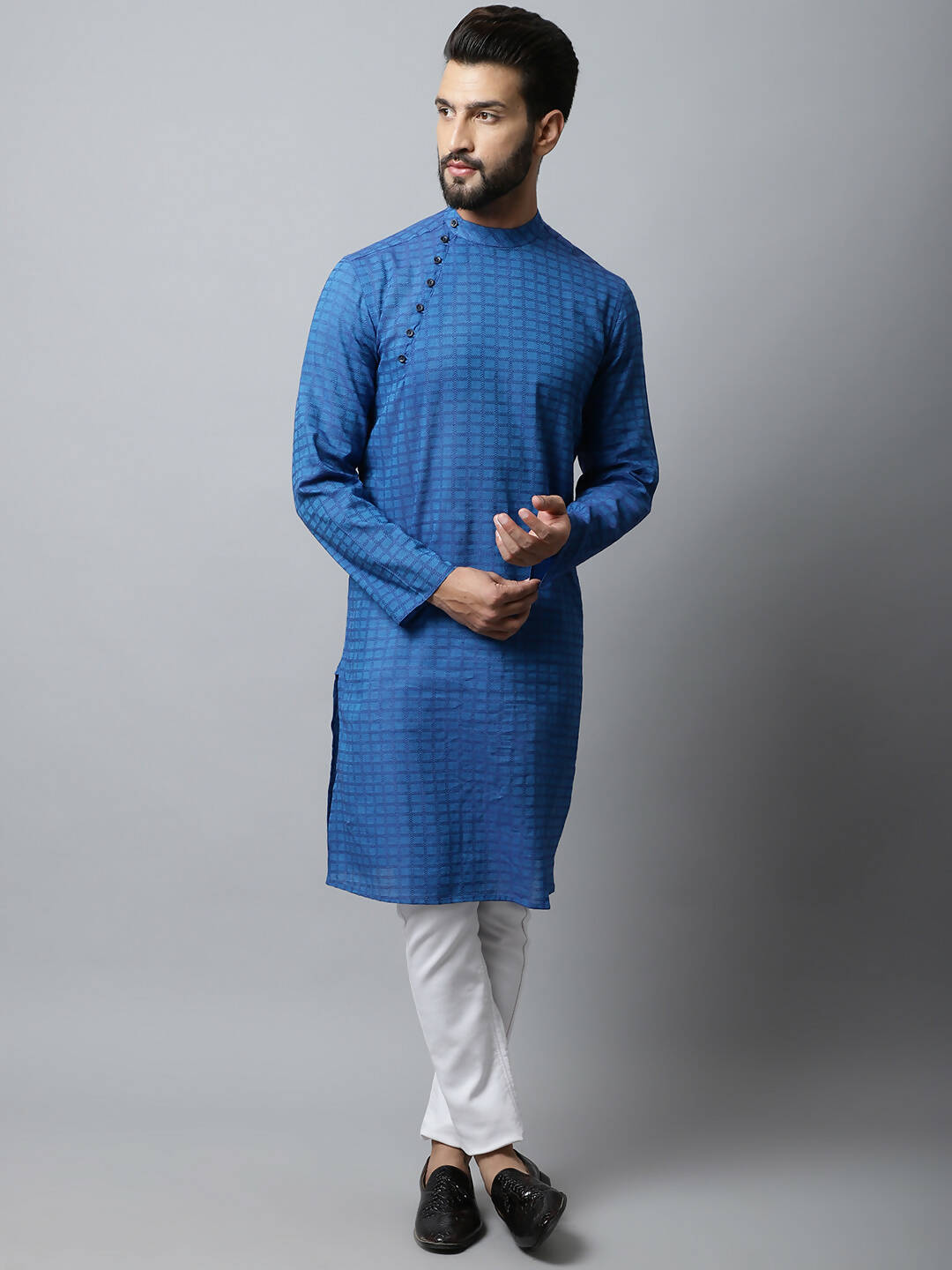 Even Apparels Blue Color Pure Cotton Men's Kurta With Band Collar (CHK1198) - Distacart