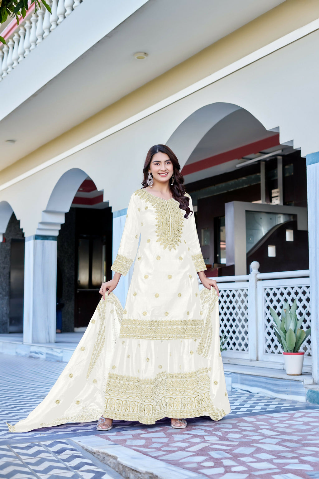 Teeya Creation White Color Chinon Silk Heavy Embroidery Work Wedding Wear Sharara - Distacart