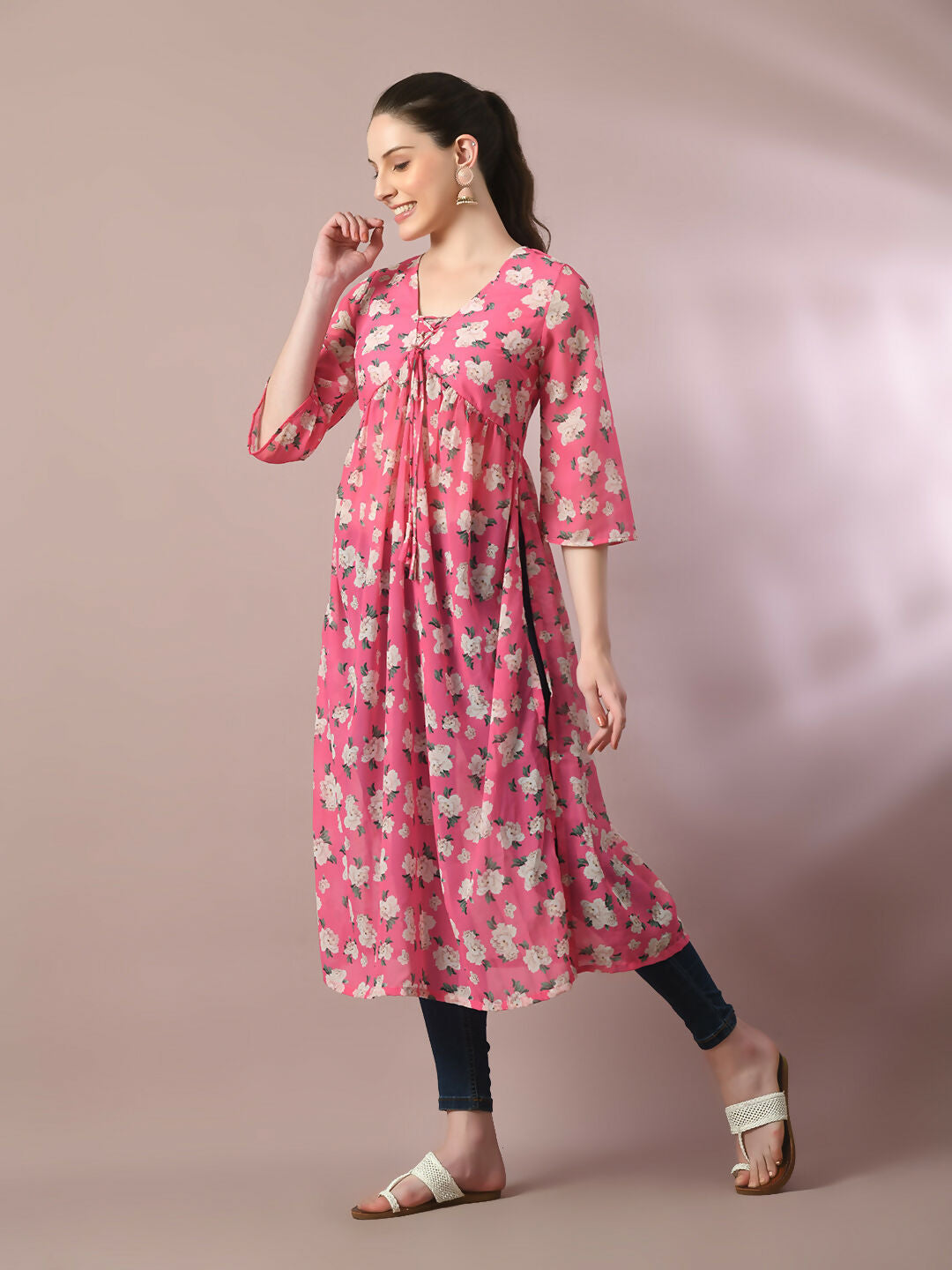 Myshka Women's Pink Printed Georgette A-Line Nyra-cut Kurta